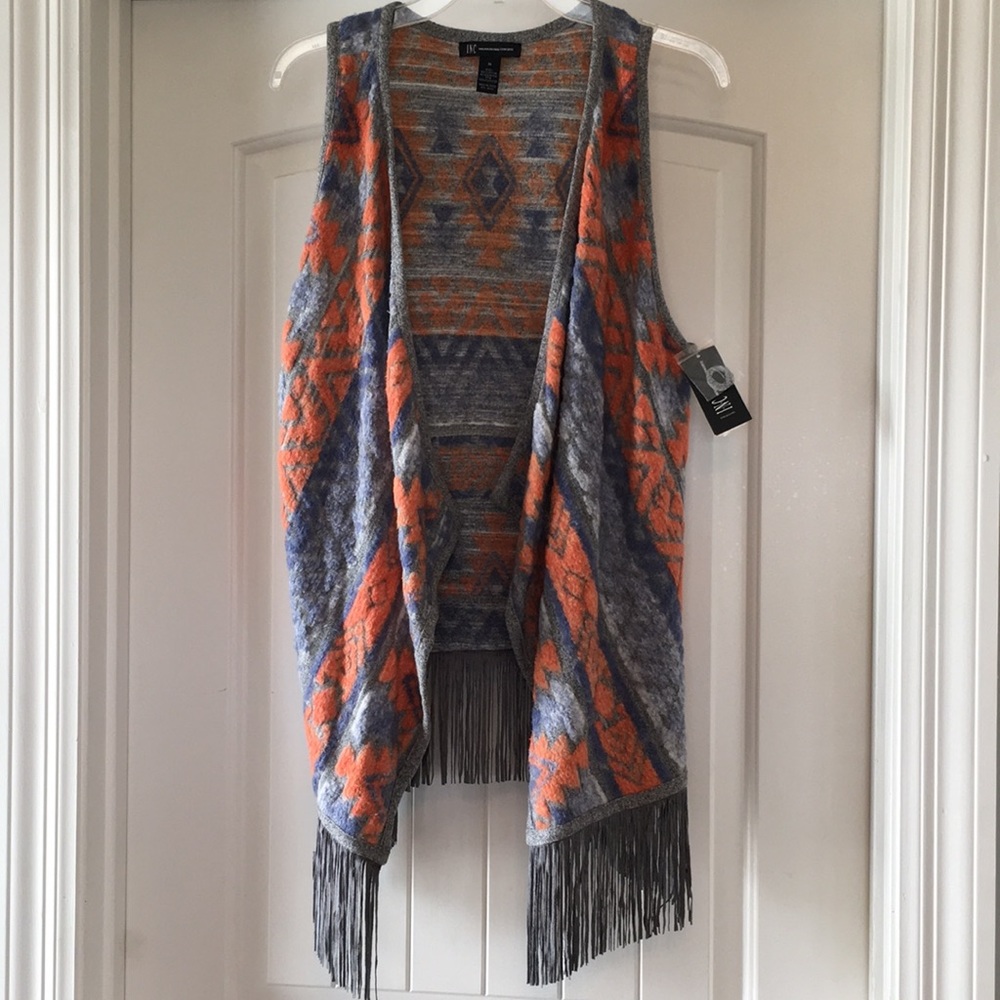 INC Suede Fringe cardigan Aztec Sweater Vest M NWT